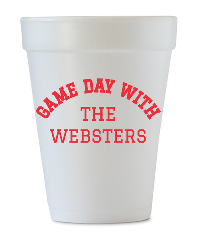 game day last name styrofoam cups