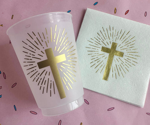 gold cross cups and napkins