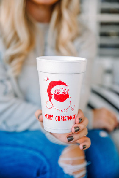 santa with a mask styrofoam cups